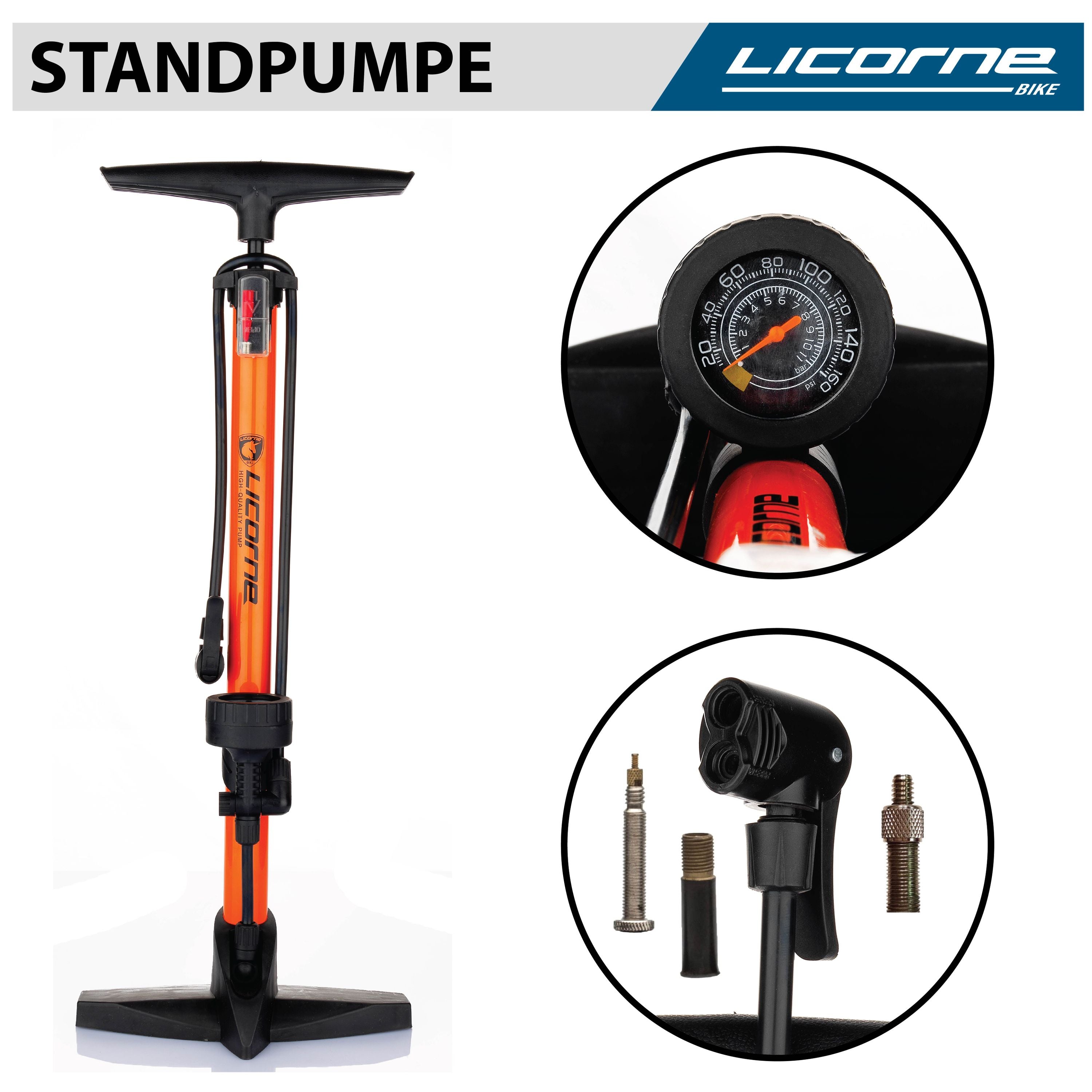 Pompa da pavimento per bicicletta Licorne, pompa da pavimento, pompa per bicicletta con grande manometro, doppia testa adatta a tutte le valvole (valvola Dunlop, valvola francese, valvola automatica)