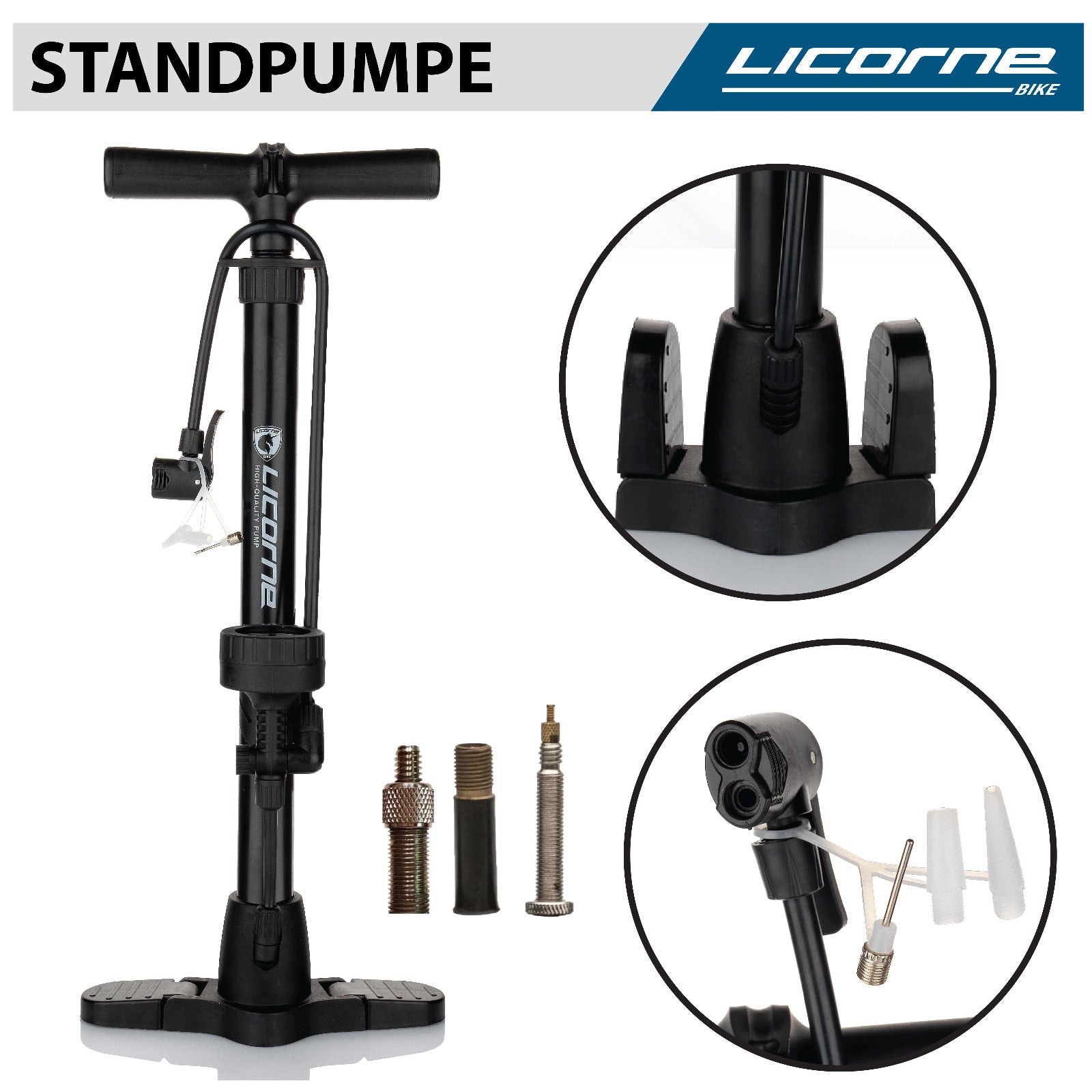 Pompa da pavimento per bicicletta Licorne, pompa da pavimento, pompa per bicicletta con grande manometro, doppia testa adatta a tutte le valvole (valvola Dunlop, valvola francese, valvola automatica) Nero
