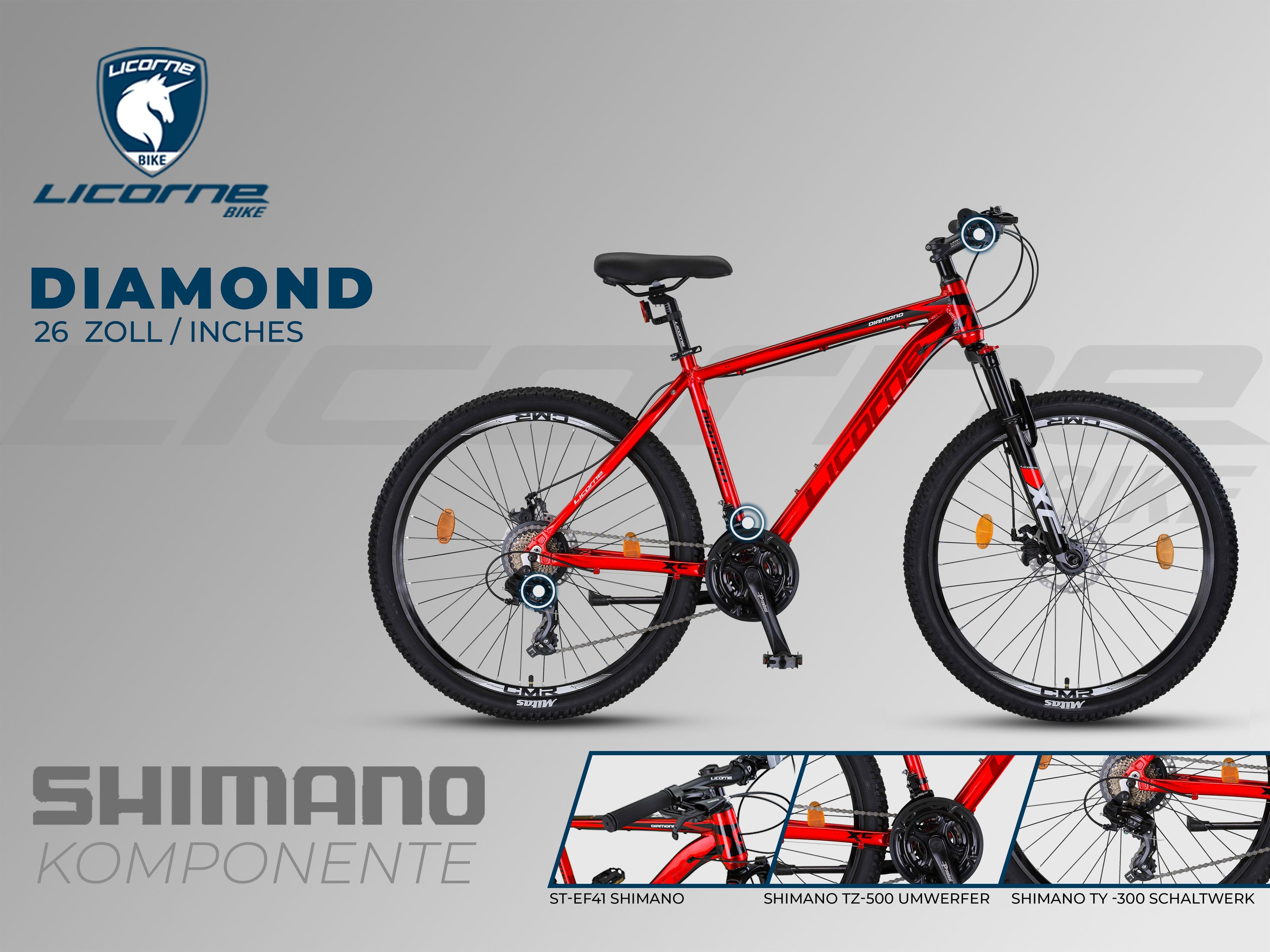 Licorne Bike Diamond Premium Mountainbike Aluminium, vélo pour garçons, filles, hommes et femmes - dérailleur 21 vitesses - frein à disque vélo homme, fourche avant réglable 26, 27.5 et 29 pouces