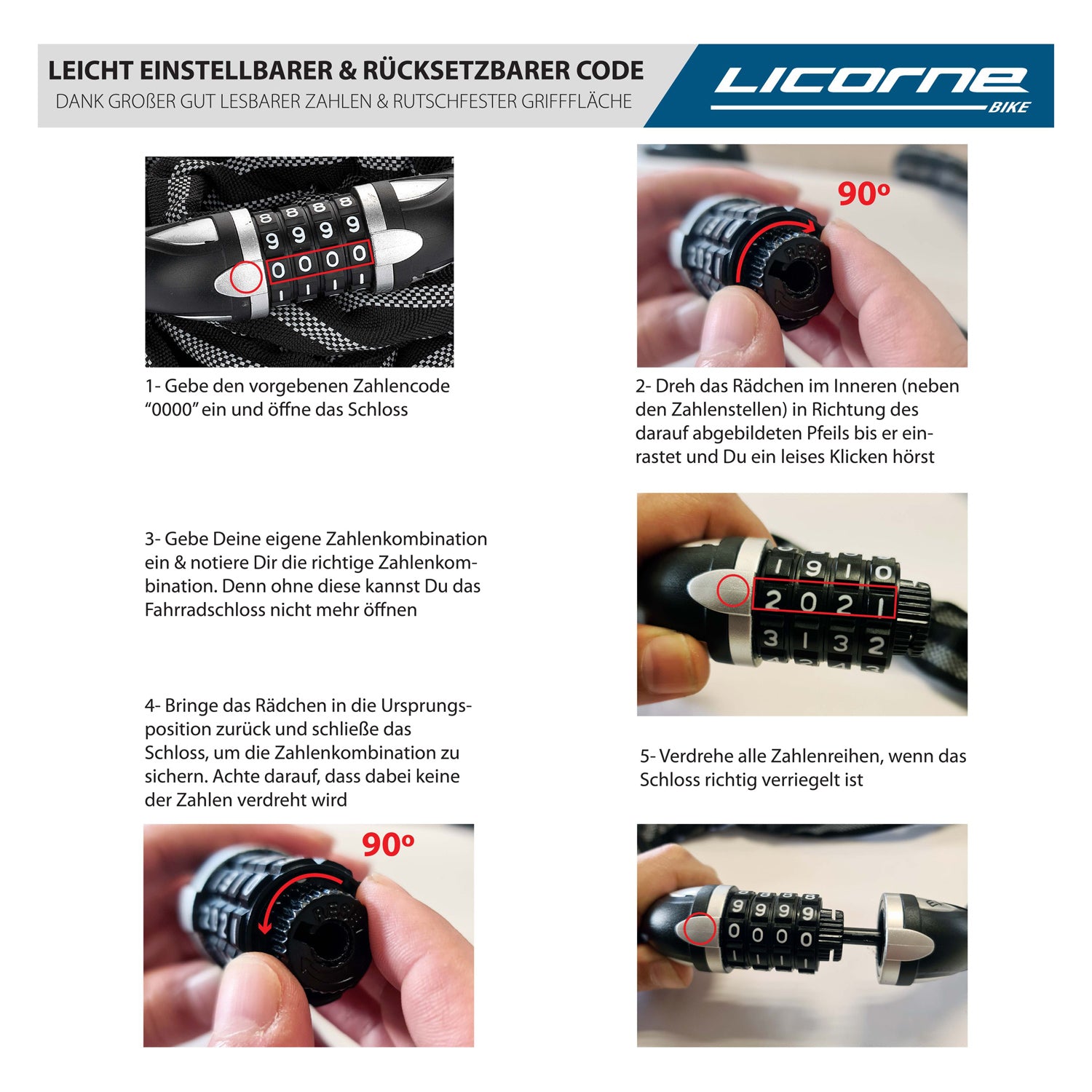 Licorne Bike bicycle lock with numbers and high security level, bicycle chain lock, number code combination lock