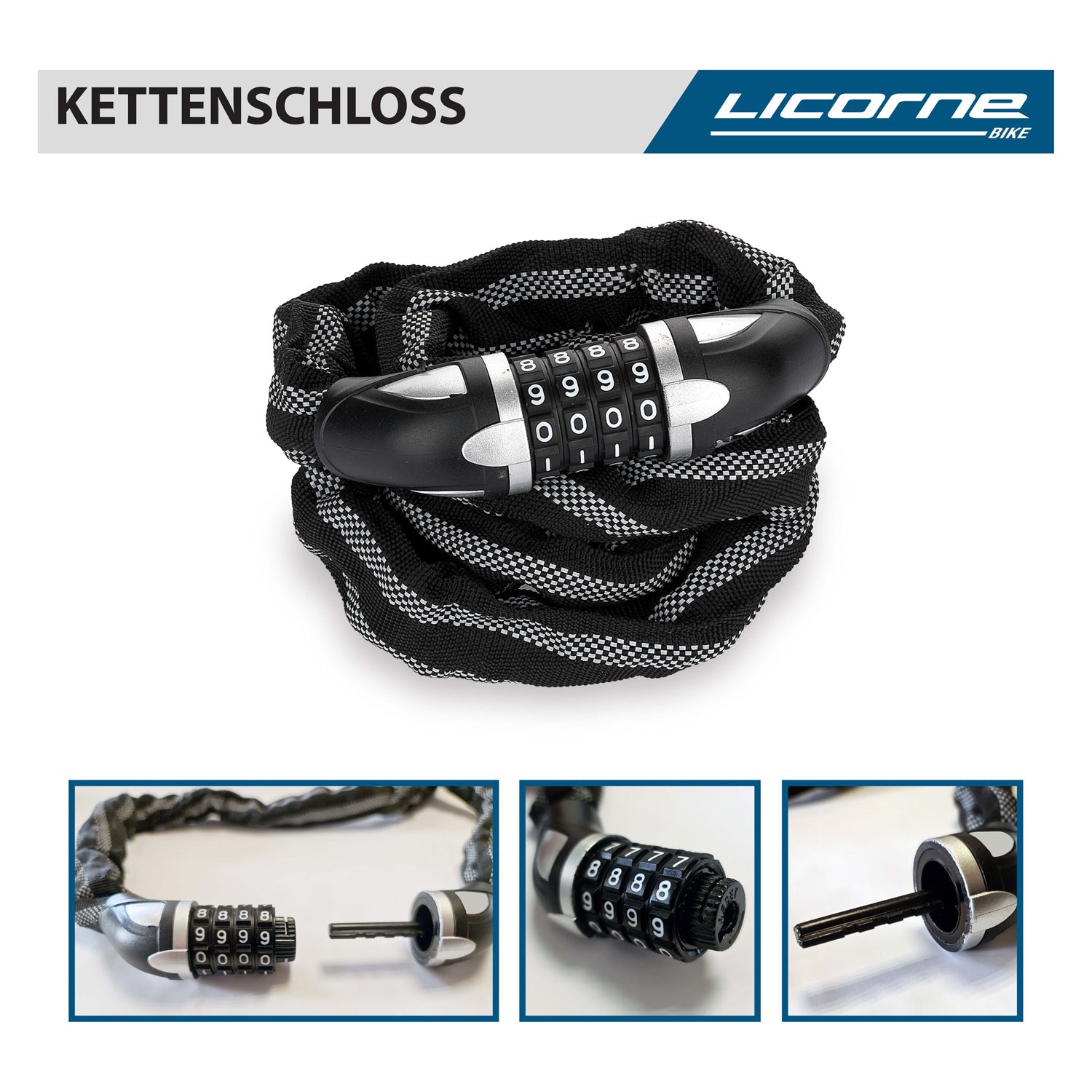 Lucchetto per bicicletta Licorne con numeri e alto livello di sicurezza, lucchetto a catena per bicicletta, lucchetto a combinazione di codici numerici, maglie di catena in acciaio temprato