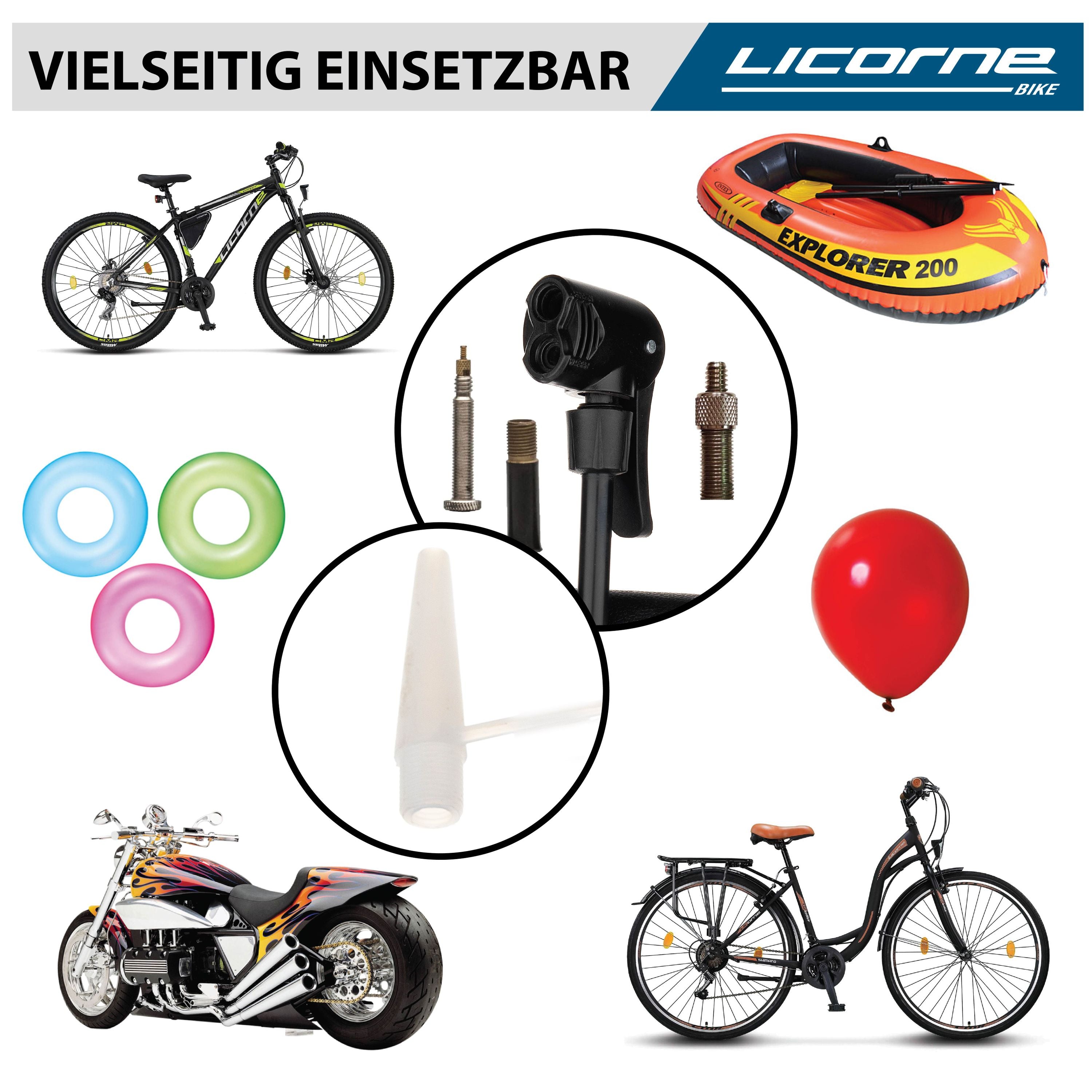 Licorne Bike Standpumpe, Standluftpumpe, Fahrradpumpe mit großem Manometer zur Druckanzeige, Dualkopf passend für alle Ventile (Dunlop Ventil, Französisches Ventil, Auto Ventil)