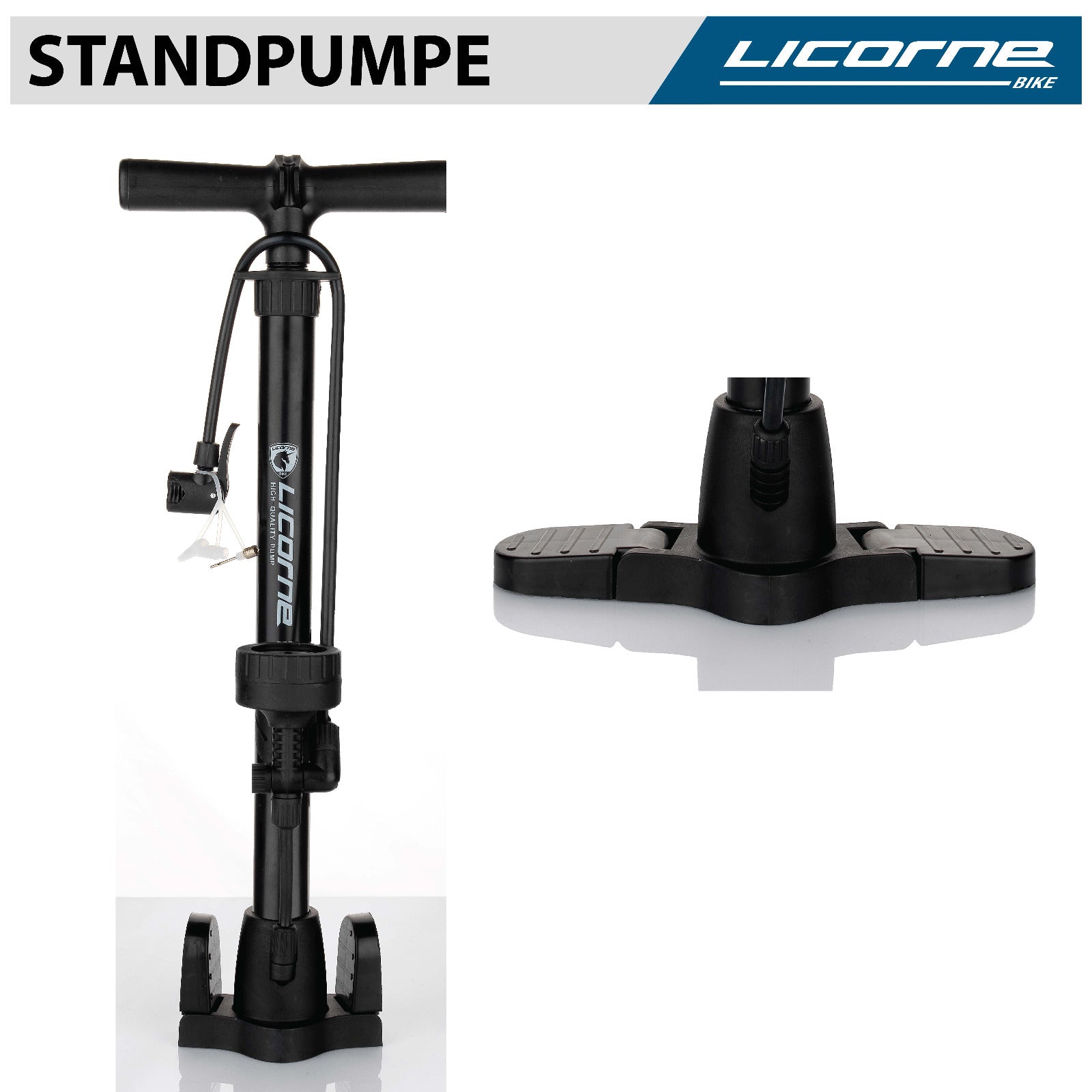 Licorne Bike Floor Pump, bomba de suelo, bomba de bicicleta con gran manómetro, doble cabezal que se adapta a todas las válvulas (válvula Dunlop, válvula francesa, válvula automática) Negro